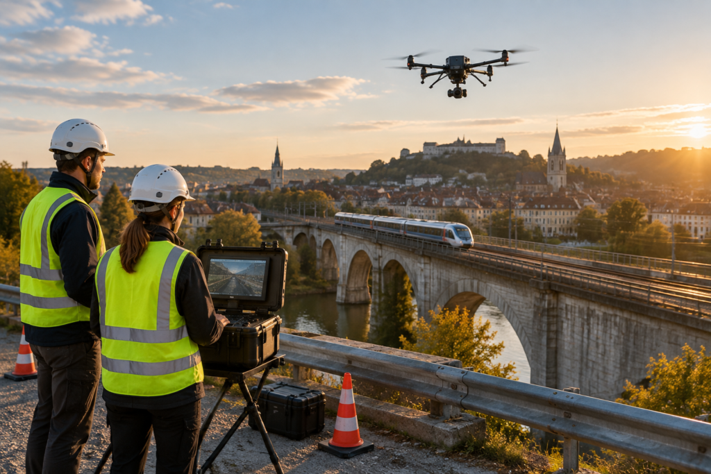dron nad mostom počas komerčnej inšpekcie infraštruktúry s monitorujúcim tímom pri zemi
