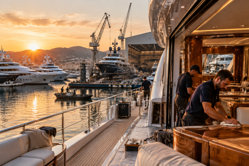 superjachta v prístave Porto Montenegro s lodným dokom a remeselnými prácami pri refeite
