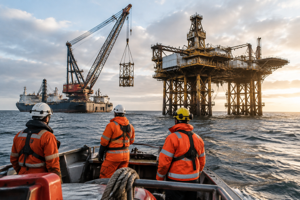 pracovníci pri dekomisionovaní offshore ropnej plošiny s dizajnovou ťažkou zdvíhacou technikou v pozadí