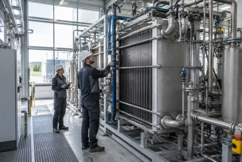Priemyselný PEM elektrolyzér v hale s technikmi pri inštalácii