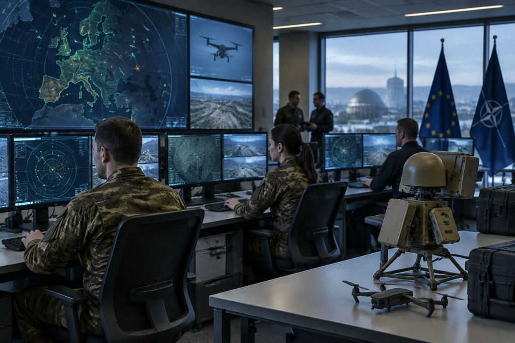 operátorská miestnosť s viacerými displejmi zobrazujúcimi radar a sledovanie dronov, stolový mobilný protidrónový systém a diskrétne symboly EÚ a NATO